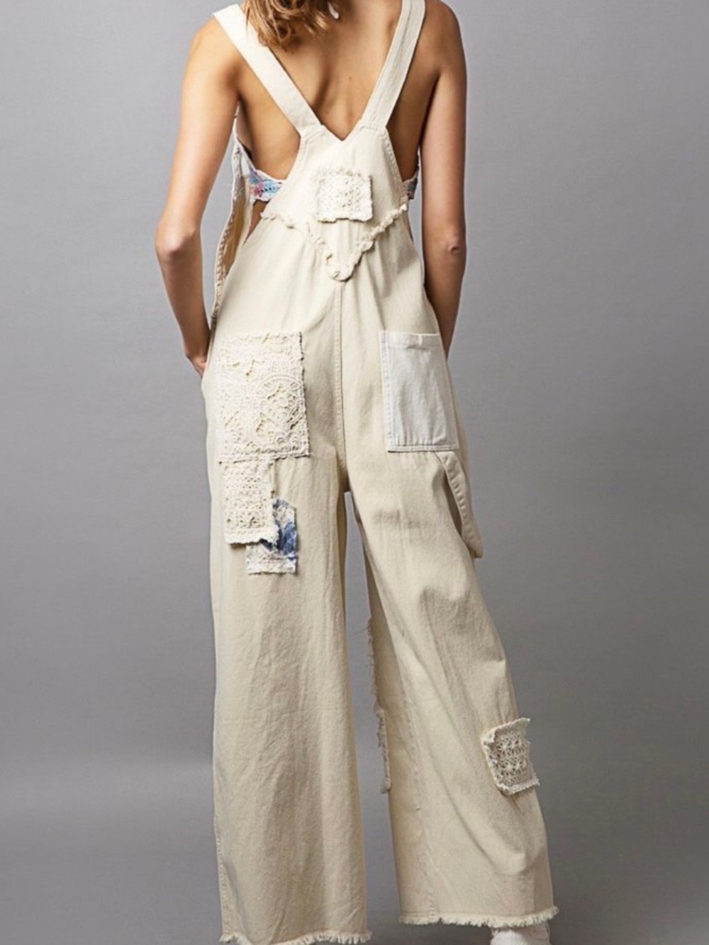 NWOT POL Cream Patchwork Wide Leg Overalls Size Small - Picture 2 of 16